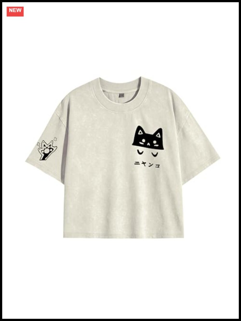 Cotton Crop Top Cat Print Acid Wash Short Sleeve Casual Summer Tee